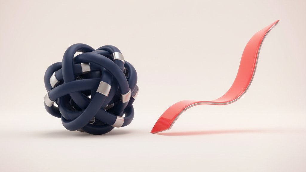 Two parallel paths: a tangled chaotic one and a clean coral path, converging on the right