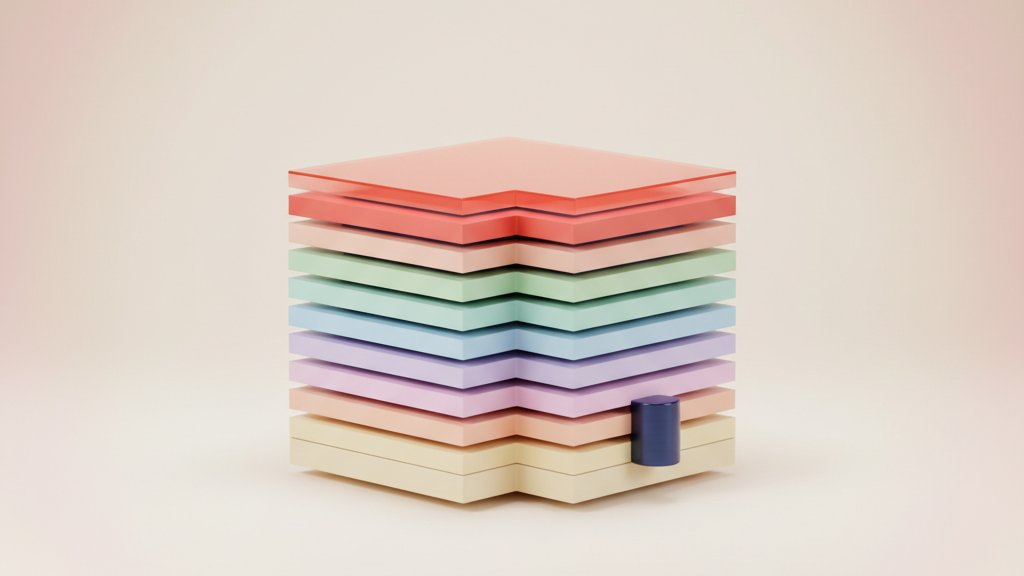 Stacked architectural diagram of eight concentric layers in deep navy with thin coral hairlines